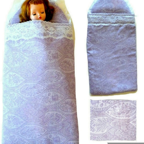 Doll Bedding Sleeping Bag Lavender Paisley Cotton Fabric Lace Details - Picture 2 of 5